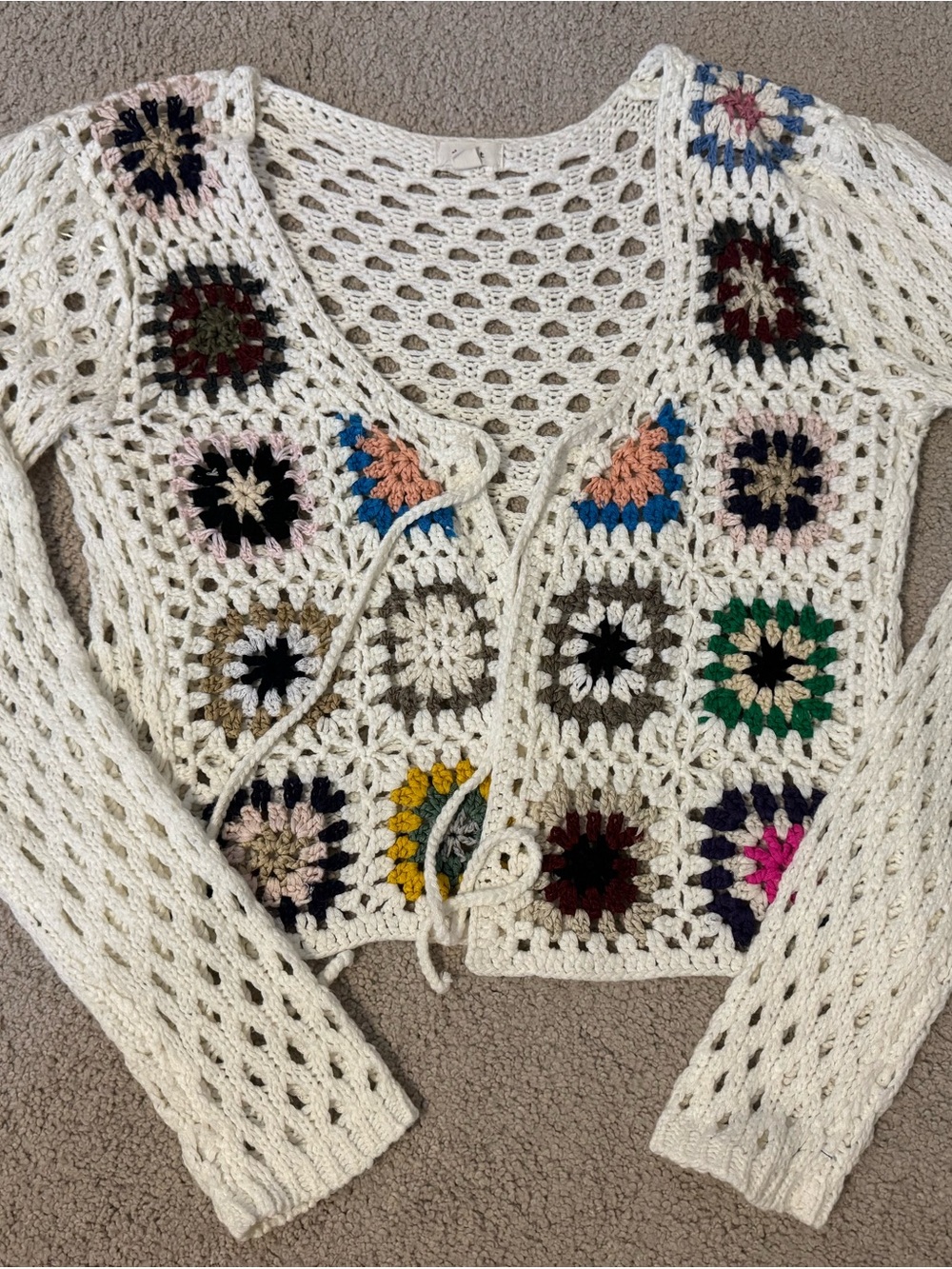 debut Cream Crochet Cardigan with Multicolor Granny Squares